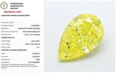 6.08 Pear Lab Grown Diamond For Engagement Ring IGI Fancy Vivid Yellow VS1 - Image 1 of 4