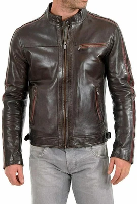 Stylish Biker Men Jacket Brown Handmade Genuine Lambskin Real Leather Motorcycle - Image 1 of 4