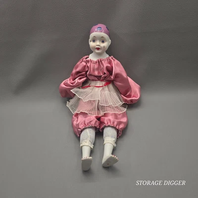 Muñeca Arlequín Bufón Porcelana Vintage Rosa y Blanco Disfraz Coleccionable Foto 1 de 4