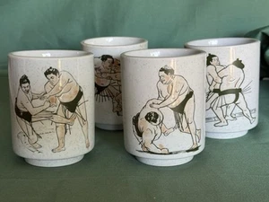 Sumo Japan Large Takanohana Kai Oh Musashimaru Akebono 4pcs. Tea Cup Set - Picture 1 of 12