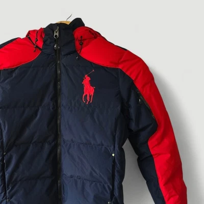 Polo Ralph Lauren Puffer 夹克连帽海军蓝红色大马男式 L 码 Cabincore — 第 1/4 张图片
