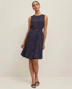 NWT $159 ANN TAYLOR NIGHT SKY WHITE DOTTED BELTED FLARE DRESS SZ 8 - Picture 1 of 3