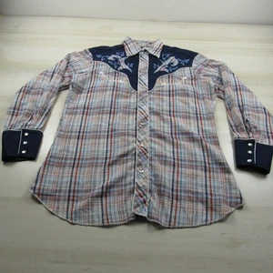 Vintage H Bar C Shirt Mens Medium Blue Red Pearl Snap Button Western Smile - Picture 1 of 19