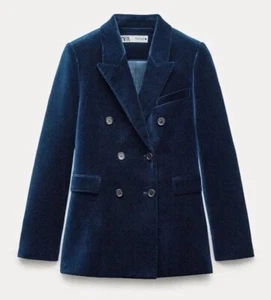 BNWT new ZARA VELVET DOUBLE-BREASTED NAVY BLUE VELVET BLAZER JACKET SIZE XS - Picture 1 of 15