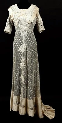 OPULENT ANTIQUE EDWARDIAN NET DRESS W DENSE EMB + SILK TRIM + LONG TRAIN - Image 1 of 4