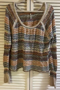 Free People Bell Sleeved Striped Cotton Linen Wool Mohair Top Size Large - Picture 1 of 8