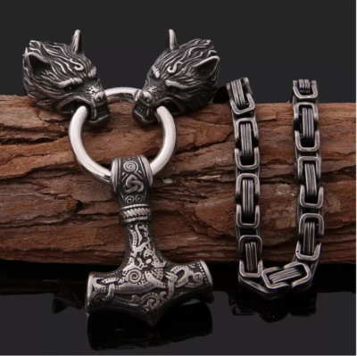 Odin's Wolves Viking Necklace | Mjolnir Pendant | Norse Fenrir | Viking Jewelry - Image 1 of 4