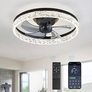 20" Ceiling Fan Light Kit Flush Mount Crystal LED Lamp w Remote Control Dimmable - Picture 1 of 13