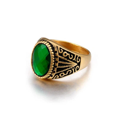 Anillo de boda vintage de acero inoxidable con sello de vidrio verde para hombre Foto 1 de 2