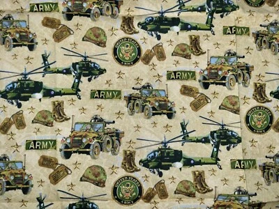 K&C Company Robert Kaufman Patriots Army Helicopter Boots Helmets 42” x 44” - Image 1 of 4