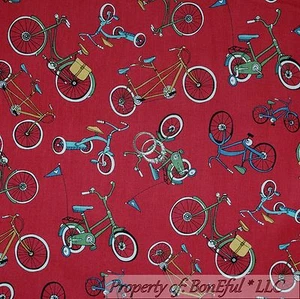 BonEful FABRIC Cotton Quilt Red B&W Blue White VTG Antique BIKE Flag Print SCRAP - Picture 1 of 12