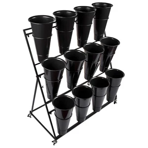 Black Metal Plant Display Stand with Buckets 3 Layers Plant Stand 4 Brake Wheels - Picture 1 of 12