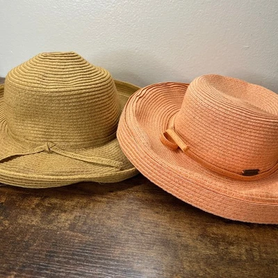 2 chapéus femininos Sun N Sand palha coral natural boliche praia férias aba larga  - Imagem 1 de 4