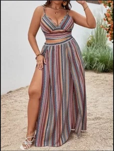 SHEIN VCAY Plus Size Boho Tie Back Camisole & Elastic Waist High Slit Skirt 2pcs - Picture 1 of 11