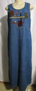 VTG 90s Erika & Co. Embroidered Denim Maxi Jumper Dress Womens M Sleeveless - Picture 1 of 5