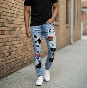 Pantalones de mezclilla Smuggler's Moon para hombre 34x32 RARO desgastados ajustados rasgados parche patinador Y2K - Imagen 1 de 9
