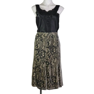 y2k Silk Midi Skirt Velvet Burnout Size 12 Black Silver Whimsigoth Office Siren - Image 1 of 4