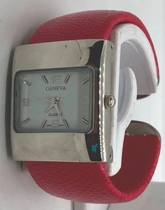 NEW GENEVA LADIES Watch Fresh Battery WIDE RED Hinged Cuff Fits 6” Wrists - Picture 1 of 5