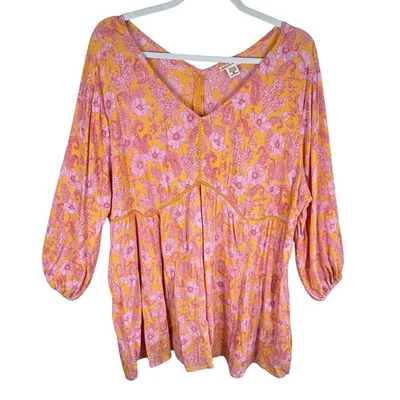 Romantic Gypsy Orange Pink Floral Long Sleeve V-Neck Rayon Flowy Boho Dress 4X - Image 1 of 4