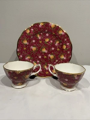ROYAL ALBERT OLD COUNTRY ROSES RUBY LACE 8" SALAD PLATE AND 2 TEACUPS - Image 1 of 4