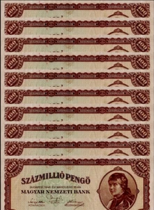 10 x Hungary 100,000,000 PENGO 100 Million P-124 1946 Hungarian Money Used NOTE - Picture 1 of 4