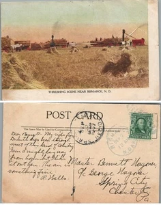 DRESCHSZENE BEI BISMARK N.D. ANTIKE POSTKARTE Bauernhofszene - Bild 1 von 1