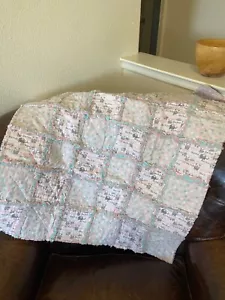 Custom Hand Made Pink and Teal Bear Pattern Rag Quilt Baby Blanket 36" x 31" - Picture 1 of 5
