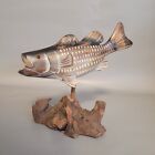 Folk Art Hand Carve Painted Wooden Large Mouth Bass Fish Live Edge Base VTG