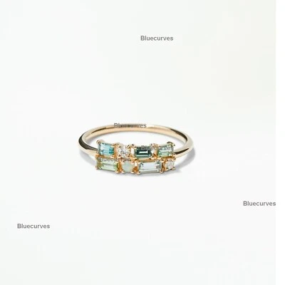 Natural Baguette Tourmaline, Opal & Diamond Brickwork Ring 14k Solid Gold Ring - Image 1 of 4
