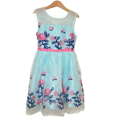 Vestido floral bordado rosa fiesta Jona Michelle niñas talla 7 verde azulado tul superpuesto Foto 1 de 4