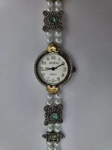 Vintage Women Wristwatch Geneva Quartz Silver Green Rhinestone Pearl Jewelry - Picture 1 of 5