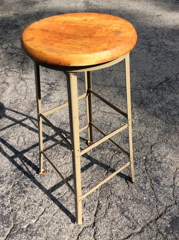 Vtg 30” Wood / Metal Industrial Stool - 14” X 1” Thick Round Seat  - Very Good Cover