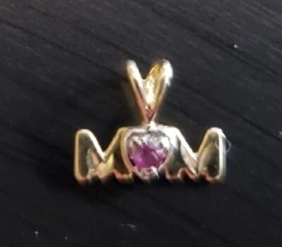 10K Solid Yellow Gold Red Lab-Created Ruby "MOM" Word Heart Pendant - Image 1 of 2