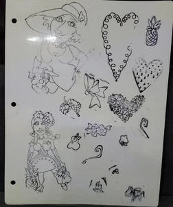 WOMAN WITH HAT FRUIT BOWS HEART STAMPS UNMOUNTED PINEAPPLE FLOWERS WITH HEART - Picture 1 of 2