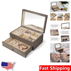 Elegant 2 Layer Rustic Wooden Jewelry Organizer with Mirror - Vintage Grey - Picture 1 of 11