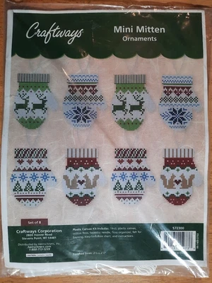 Craftways Mini Mitten Ornament Kit Plastic Canvas Set of 8 Christmas 2.5" x 3" - Image 1 of 2