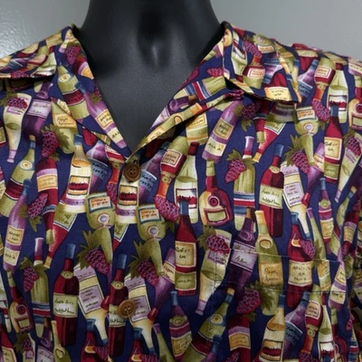 Reyn Spooner Button Down Shirt Size L Wine Glass Bottles Grapes Aloha Hawaiian - Image 1 of 4