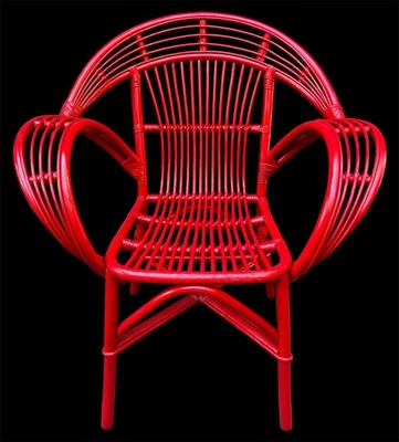 Sillón giratorio vintage rojo boho chic ratán mimbre con respaldo de globo Foto 1 de 4