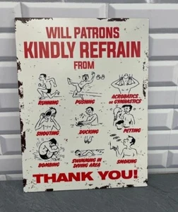 REGLAS CLÁSICAS DE PISCINA RETRO LETRERO DE METAL - A4 O A3 - DIVERTIDO LETRERO DE BAÑERA DE HIDROMASAJE - Imagen 1 de 5