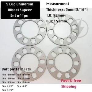 4 Wheel Spacers 5mm (3/16") Universal Fits 5x100 5x108 5x112 5x114.3 5x115 5x120 - Picture 1 of 5
