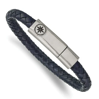 Stainless Steel Brushed and Oxidized Blue Leather Compass 8in Bracelet - Image 1 of 3
