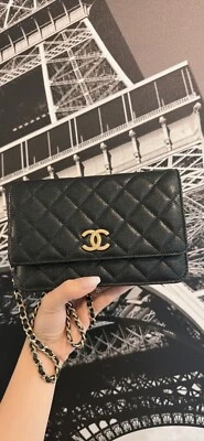 CHANEL 22B Black Caviar GHW Beaded CC Wallet On Chain WOC with Receipt. PRISTINE - Image 1 of 4