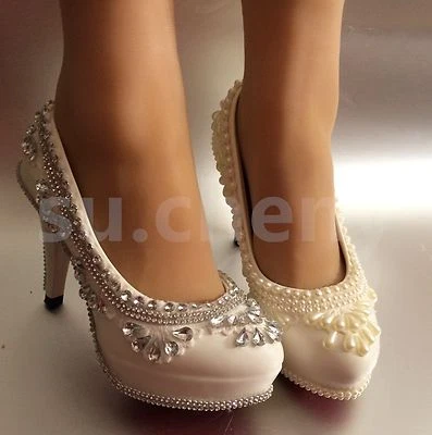 su.cheny 3" / 4" white ivory lace crystal pearl Wedding Bridal pumps heels shoes - Image 1 of 4