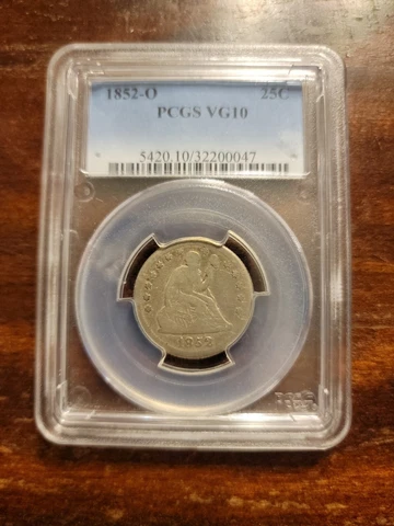 1852-O Seated Liberty Quarter VG10 PCGS Key Date Nice Original Cover