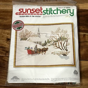 Vtg 70s Sunset Stitchery Crewel Sleigh Ride in the Snow WOOL Embroidery Kit 2085 - Picture 1 of 8
