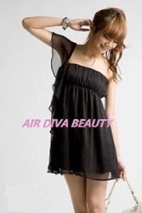 Ladies Girls Women Party clubwear Black Chiffon one off shoulder Hot Mini dress - Picture 1 of 2