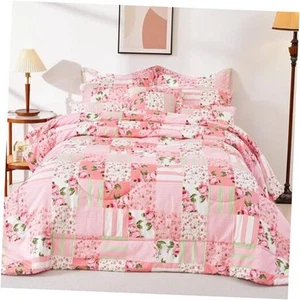 Floral Comforter with 2 Pillow Shams-Queen Size,Patchwork Pink Bed Set 3 - Picture 1 of 8
