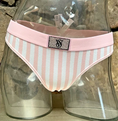 Victoria's Secret Bling Shiny Patch Logo THONG Cotton Panty Size S Striped NWT - Image 1 of 3