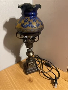 Vintage Blue/antiqued Gold Electric Lamp With Glass Shade - Picture 1 of 8