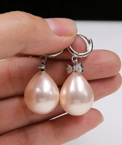 Pink 20 mm Shell Pearl Earrings Earrings 18KGP Dangle Classic Jewelry - Picture 1 of 3